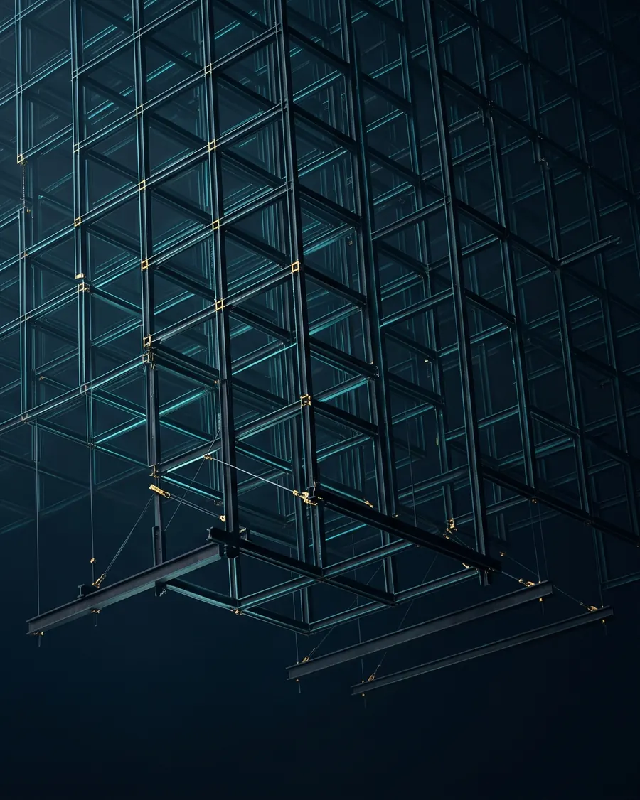 Steel lattice structure with teal light tracing its joints