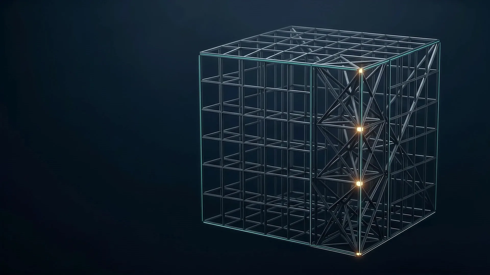 A steel lattice cube with teal edges and glowing gold joints, assembled from scattered beams